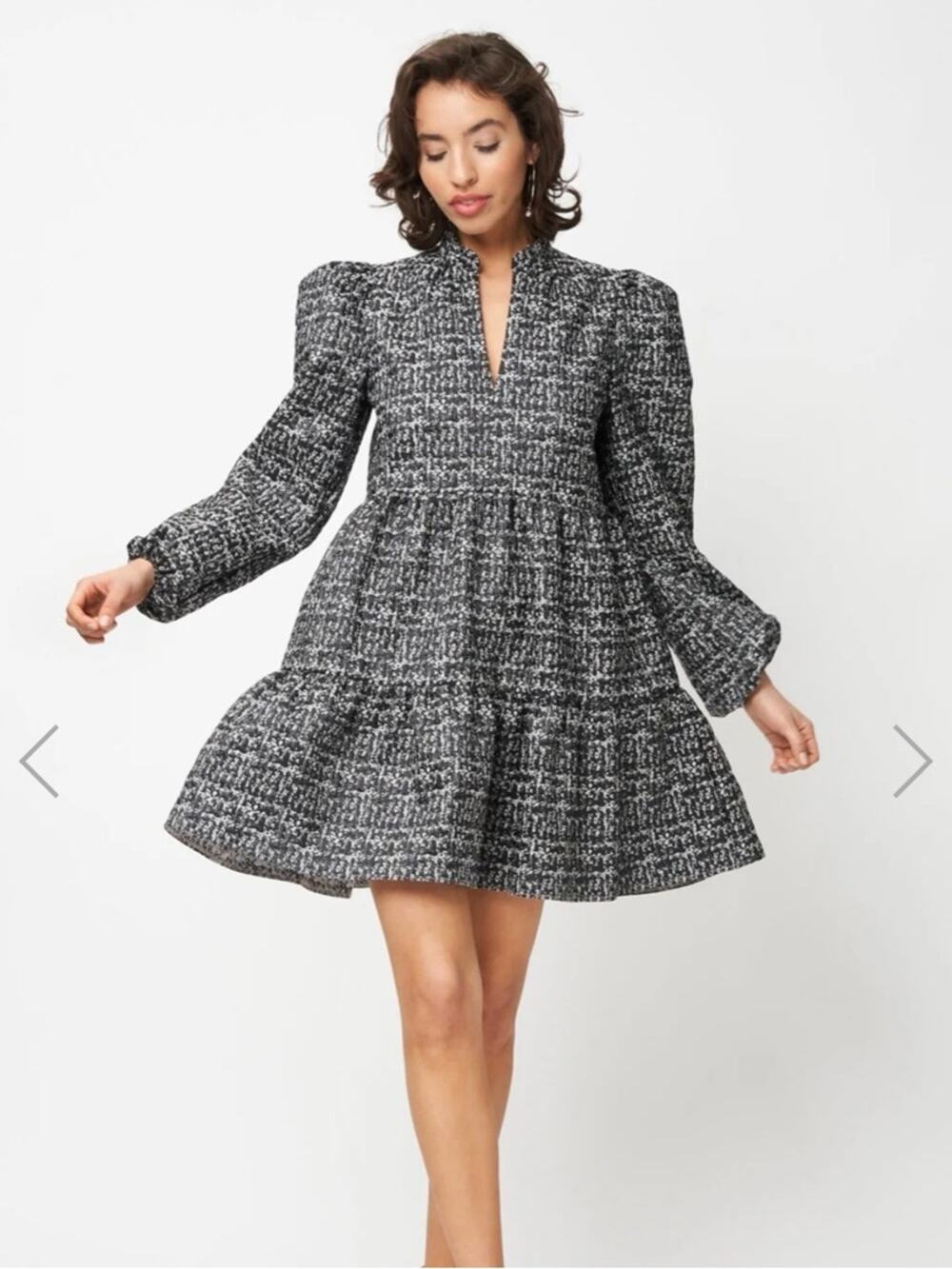 Fresha London Black and White Tweed Tiered Puff-Sleeve Mini Dress